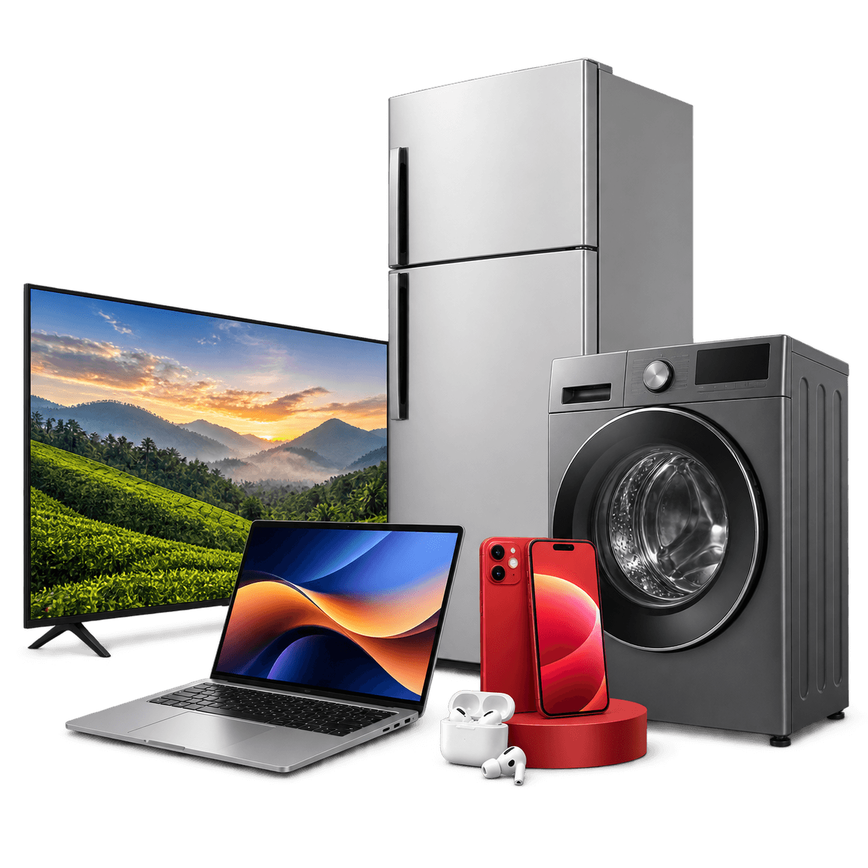 Television, refrigerator, washing machine, laptop, smartphone and earbuds